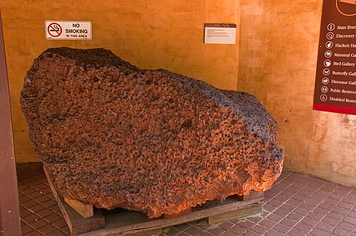 A huge rusty-brown lump of iron meteorite on a wooden pallet in a museum