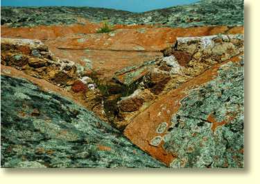 The Old dam wall was breached in 1928. Water from the dam was used in the construction of water gutters at the base of Pildappa Rock. The remains of the dam are located across centre frame. 