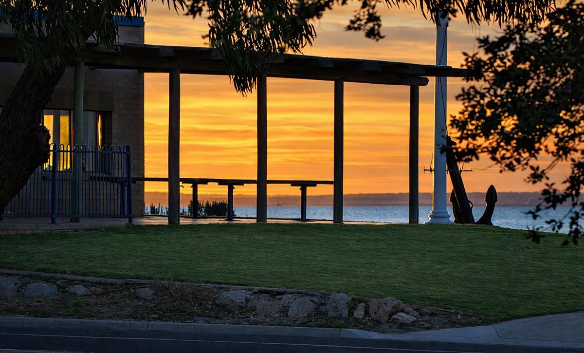 Sunset over Murat Bay through the pergola at the Ceduna Sailing Club